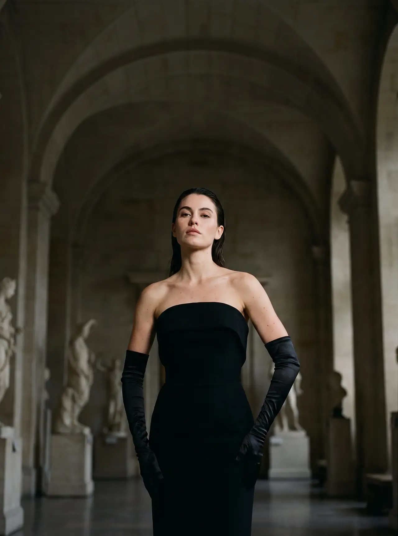 The cover of Olune Issue 01: a woman in a strapless black column gown and black opera gloves stands in a sculpture gallery under stone arches.
