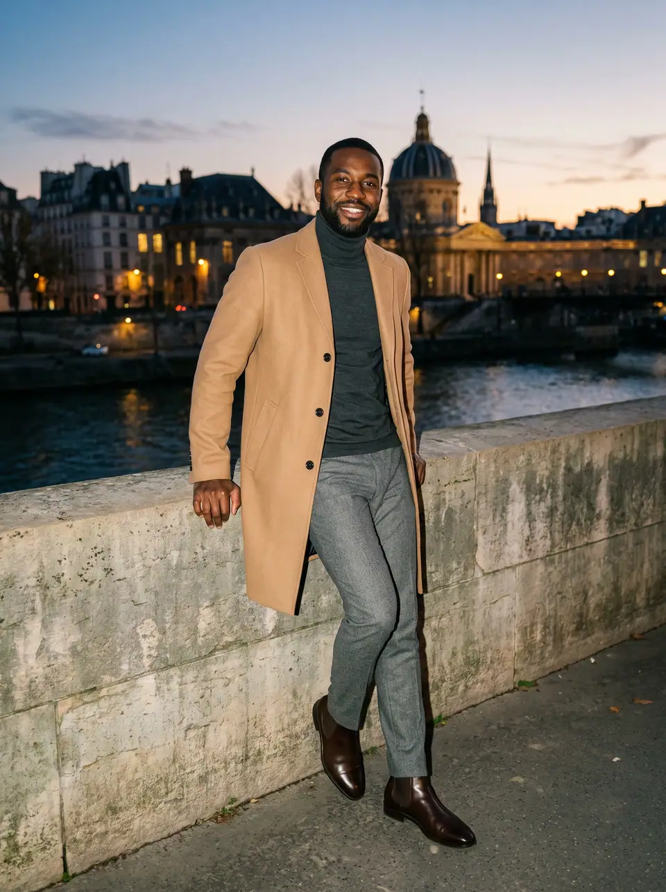A man in a camel overcoat, a charcoal turtleneck and grey trousers leans on a stone wall by the Seine at dusk.