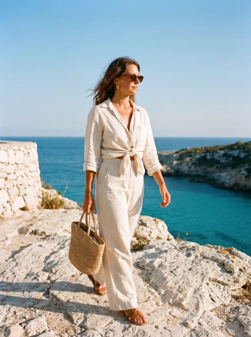 A woman in a knotted linen shirt, wide linen trousers and sunglasses, a straw bag in hand, walks along white cliffs above a turquoise sea.