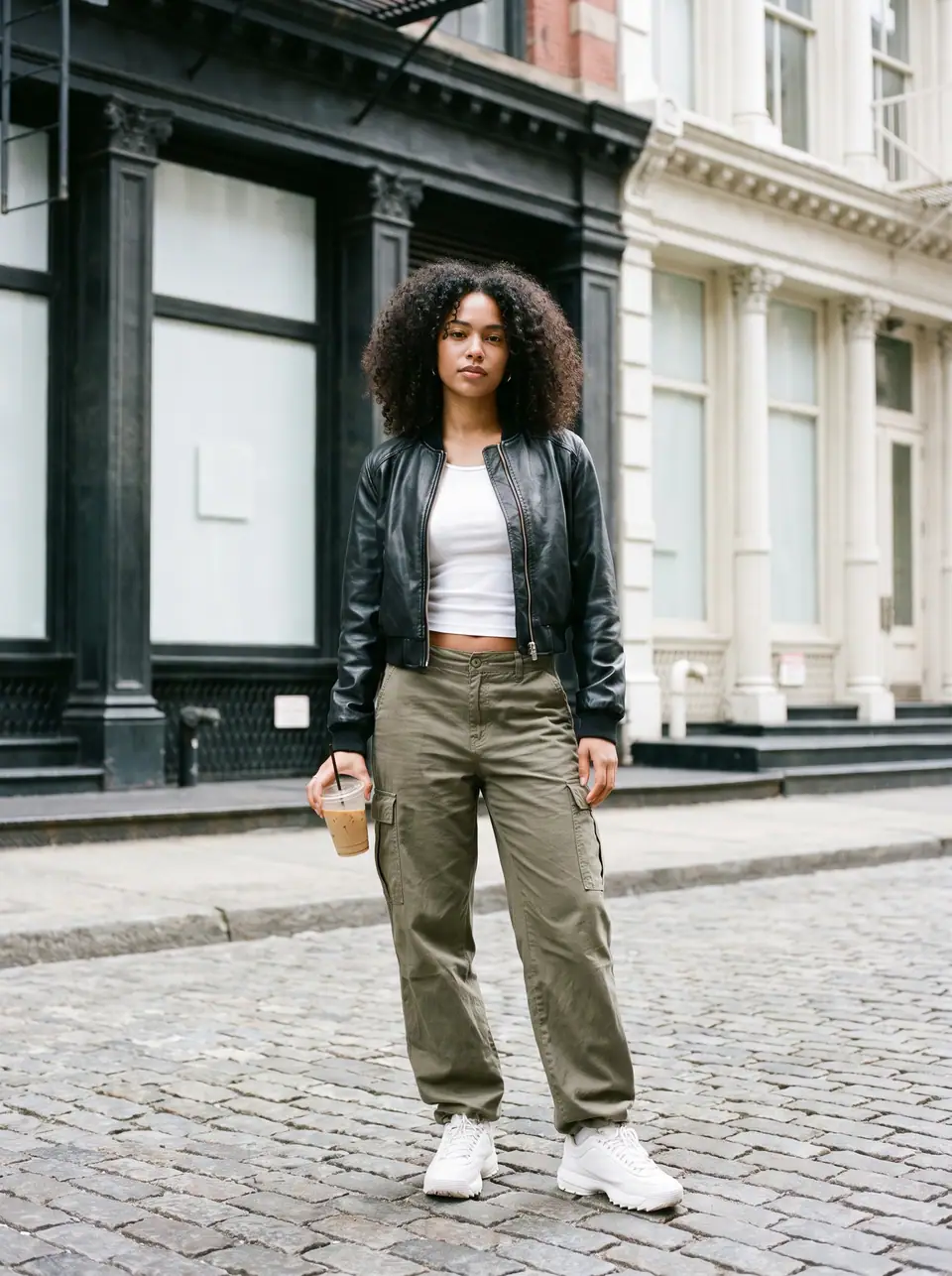 A woman in a cropped black leather jacket, a white tank and olive cargo trousers holds an iced coffee on a cobbled SoHo street.