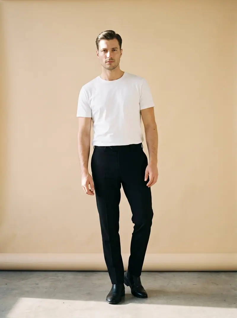 A man stands facing the camera against a warm studio backdrop in a white tee and black trousers.