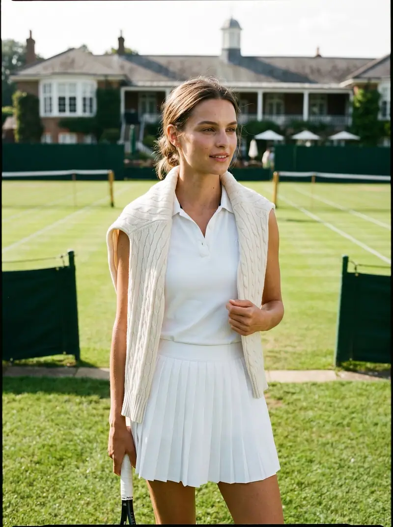 Old Money on a grass tennis court: a cable-knit vest over a white polo and a pleated tennis skirt.