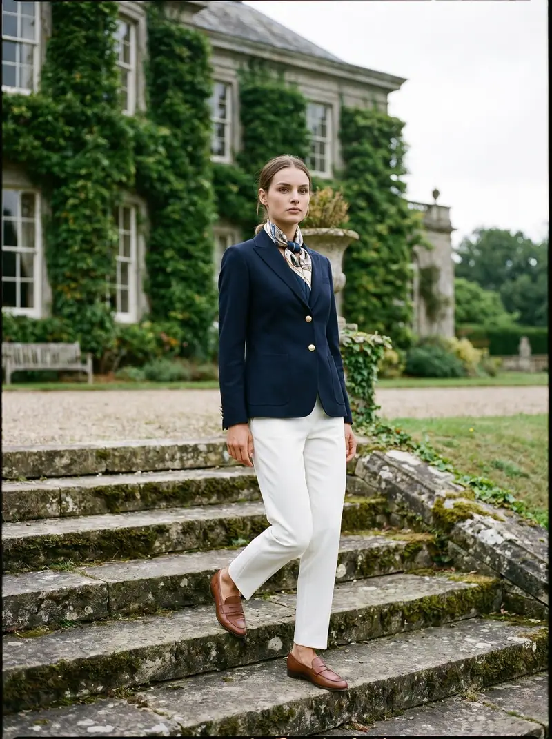 Old Money on the steps of a country house: a navy blazer, silk neck scarf, white trousers and loafers.