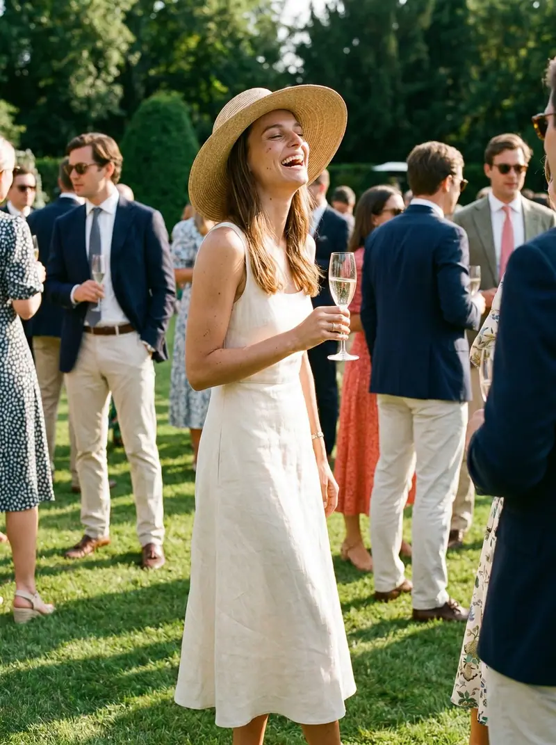 Old Money at a garden party: a white linen sundress and a wide straw hat.