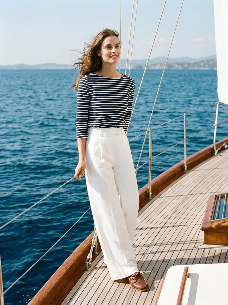 Old Money on a sailboat: a Breton stripe top, wide white trousers and loafers.