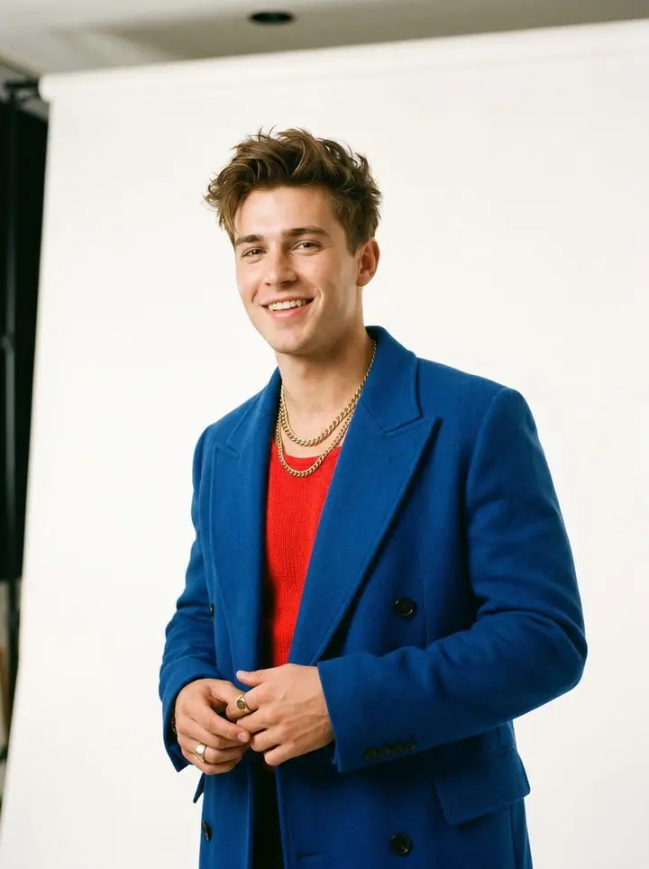 Bold Statement, menswear: a cobalt double-breasted coat over a red knit with gold chains.