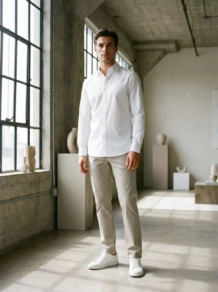 Clean Lines, menswear: a white shirt, stone chinos and white sneakers in a gallery space.