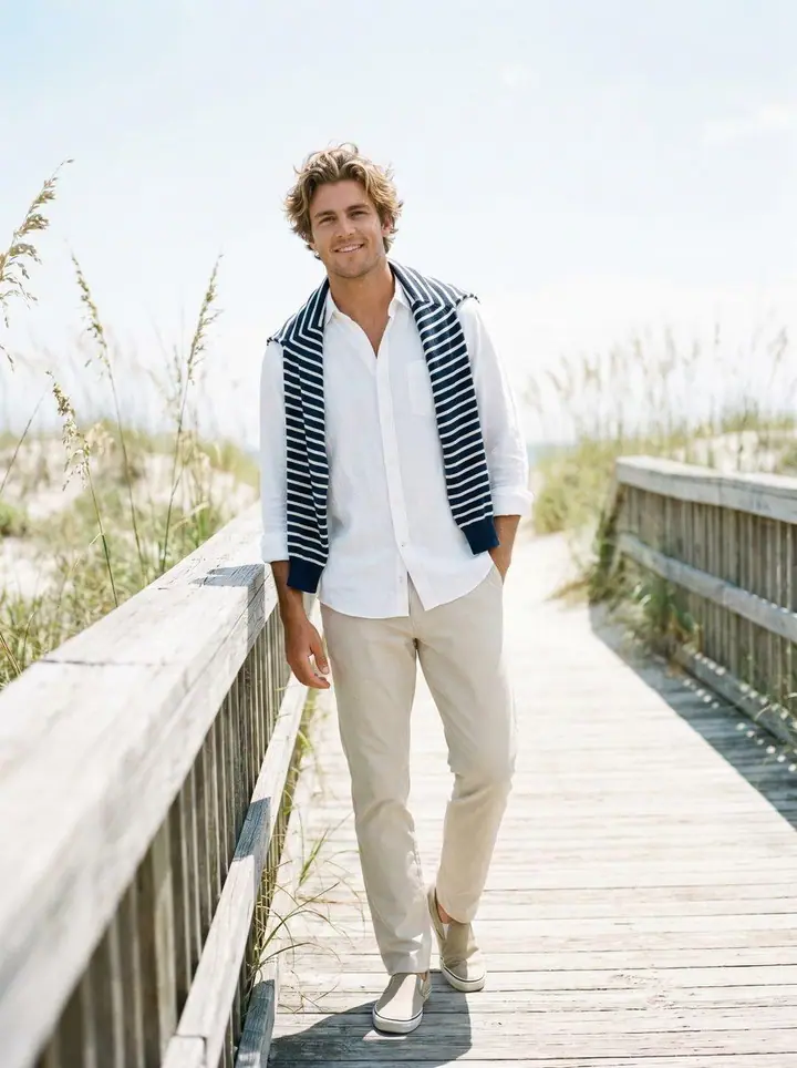 Coastal, menswear: a white linen shirt, a striped sweater over the shoulders and stone trousers on a beach boardwalk.