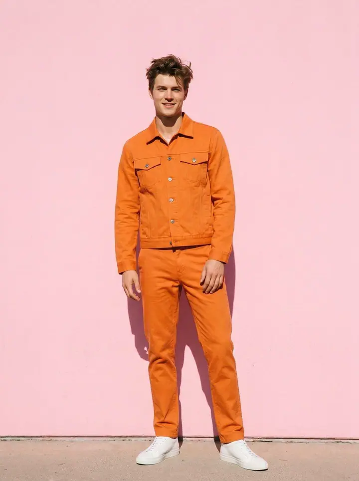 Colour Pop, menswear: an orange denim jacket and jeans against a pink wall.