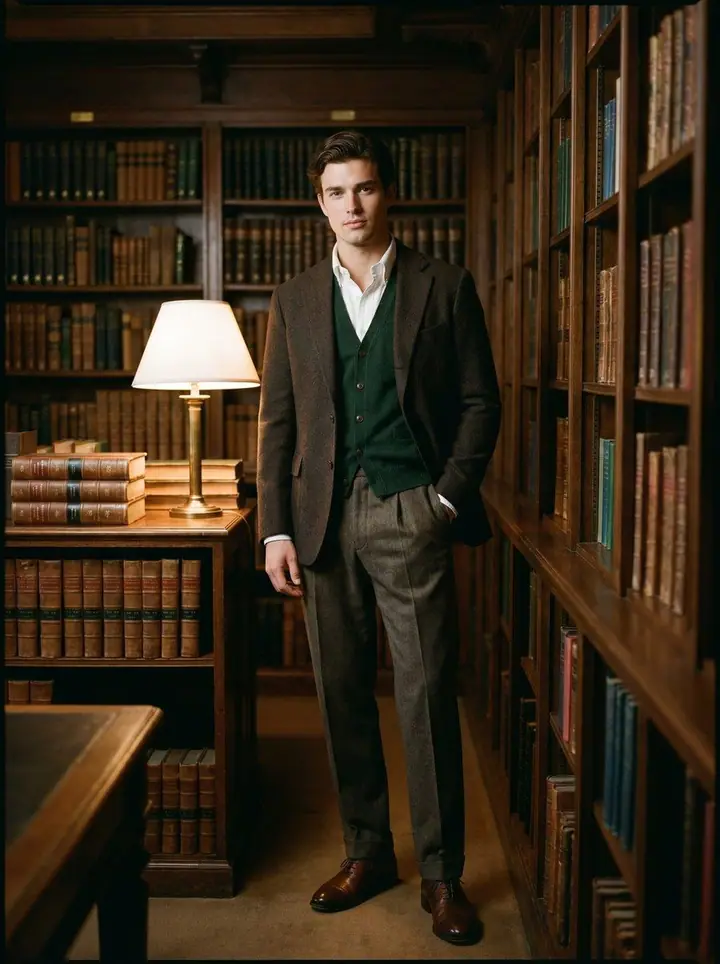 Dark Academia, menswear: a brown tweed jacket, green knit vest and grey trousers in a library.