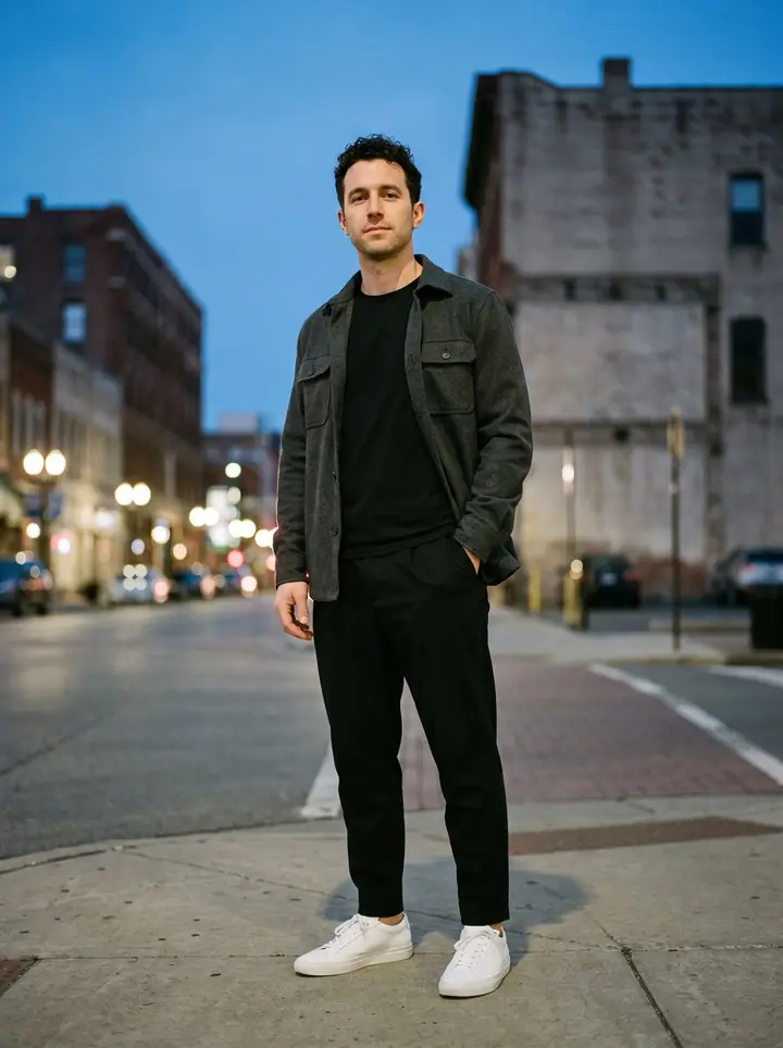 Downtown Cool, menswear: an olive overshirt, a black tee, black trousers and white sneakers on a brick street at dusk.