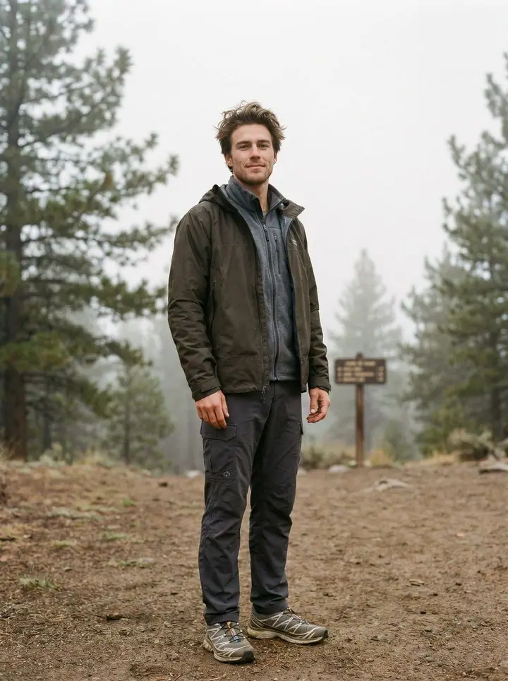 Gorpcore, menswear: a technical jacket, dark trousers and trail shoes on a foggy trail.