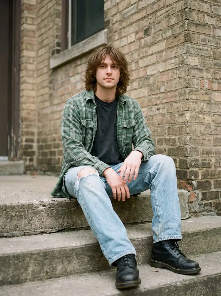 Grunge, menswear: a green plaid flannel, a black tee, ripped light jeans and black boots on brick steps.