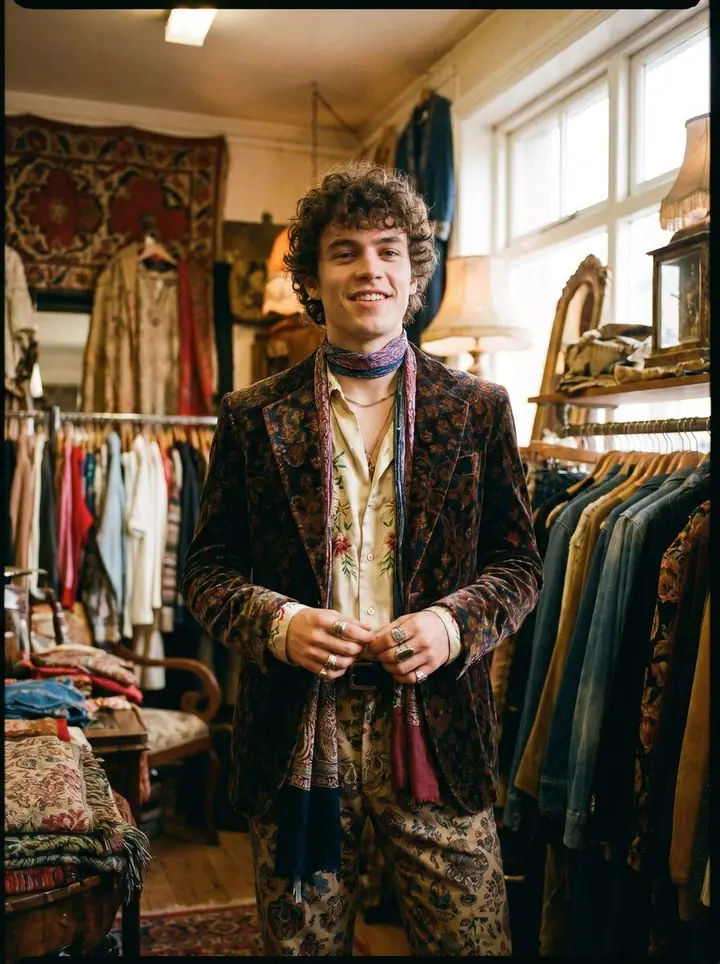 Maximalist, menswear: a paisley velvet blazer, silk scarf and patterned trousers in a vintage shop.