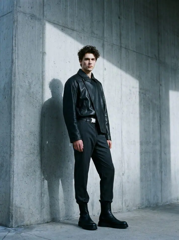 Modern Edge, menswear: a black leather jacket and tapered trousers with chunky boots against concrete.