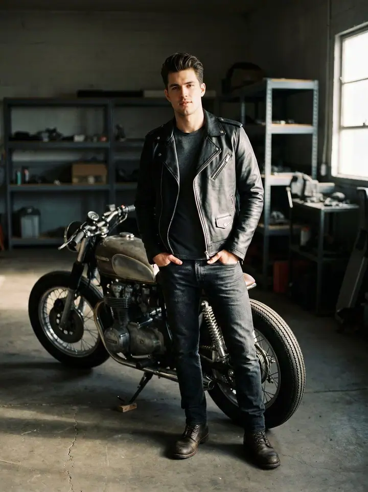Moto, menswear: a black leather biker jacket and dark denim beside a café racer in a garage.