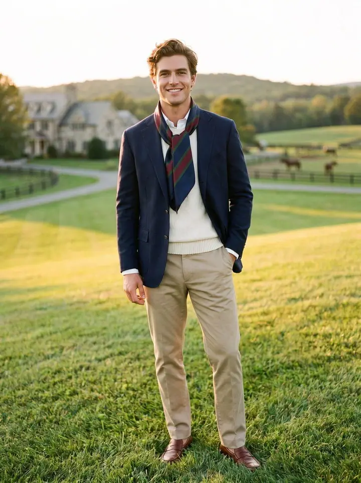 Old Money, menswear: a navy blazer, cream sweater, striped scarf and chinos on a country lawn.