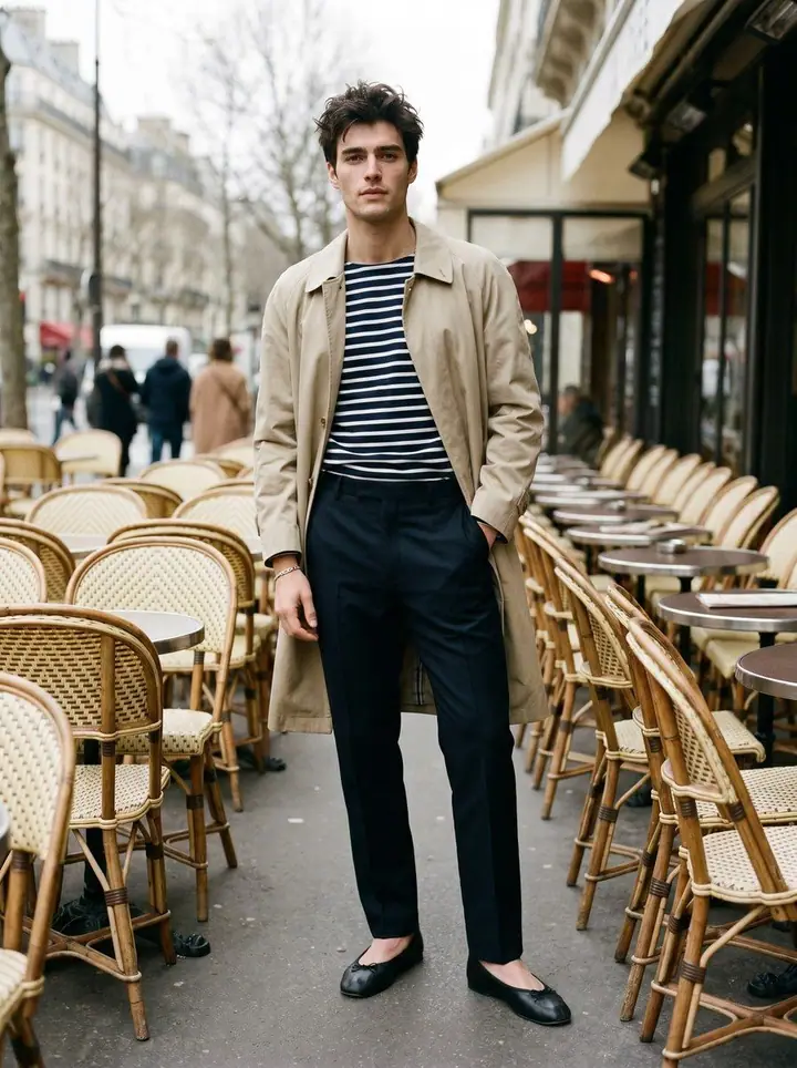 Parisian Chic, menswear: a beige trench, a Breton stripe tee and navy trousers along a café terrace.