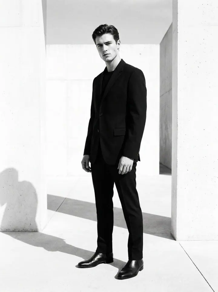 Power Minimalism, menswear: a black suit over a black tee against white concrete.