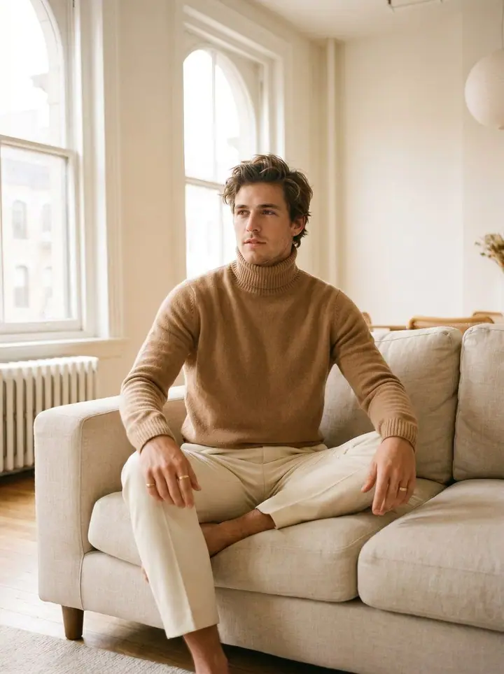 Quiet Luxury, menswear: a camel turtleneck and cream trousers on a linen sofa.