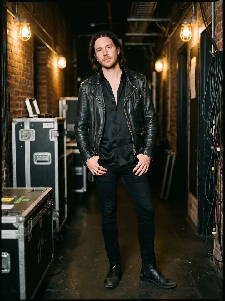 Rockstar, menswear: a black leather jacket, an open black shirt, black jeans and boots beside road cases backstage.