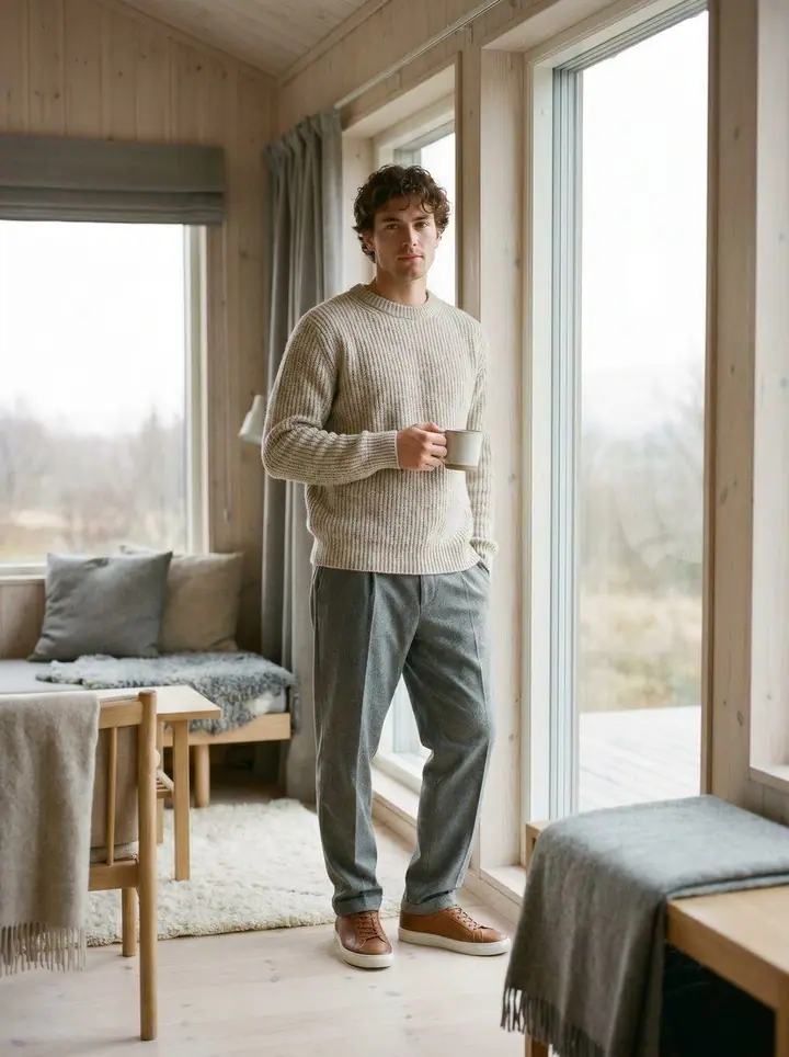 Scandi, menswear: a textured knit and grey trousers in a wood-paneled cabin.