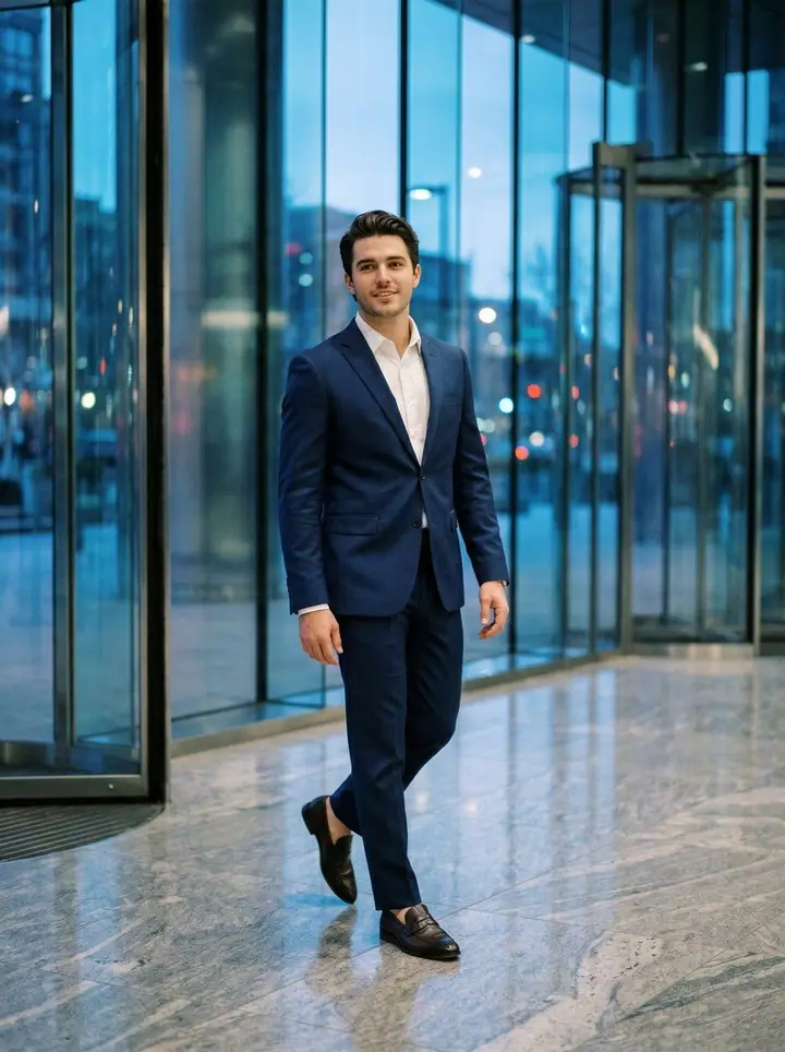 Sharp Tailoring, menswear: a navy suit, open white shirt and loafers in a glass lobby.