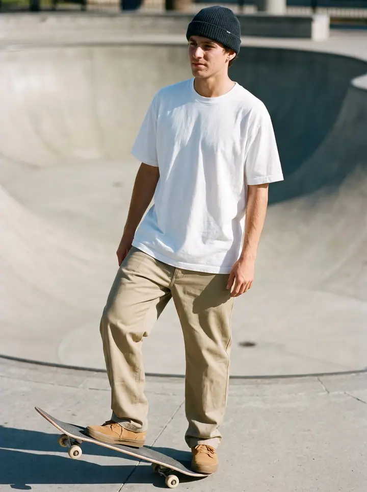 Skate, menswear: a white oversized tee, khaki chinos, a beanie and suede skate shoes in a skatepark.
