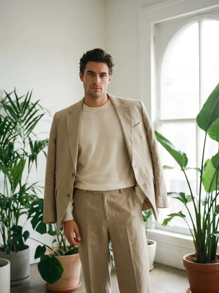Soft Power, menswear: an unstructured linen suit over a knit tee among tall plants.
