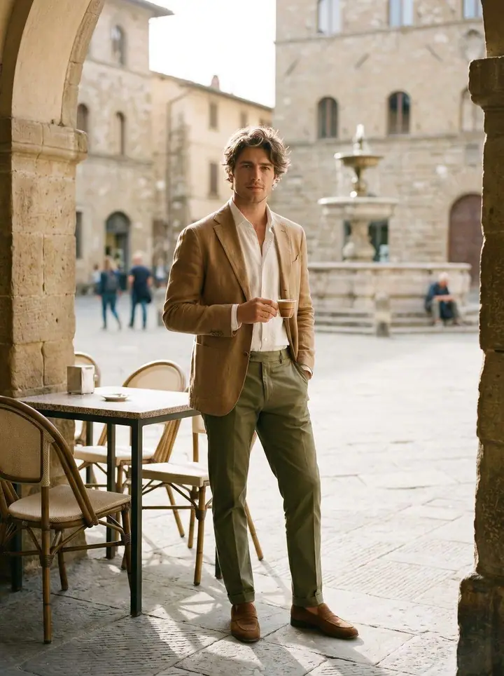 Sprezzatura, menswear: a soft camel blazer, open shirt and olive trousers under a stone arcade.