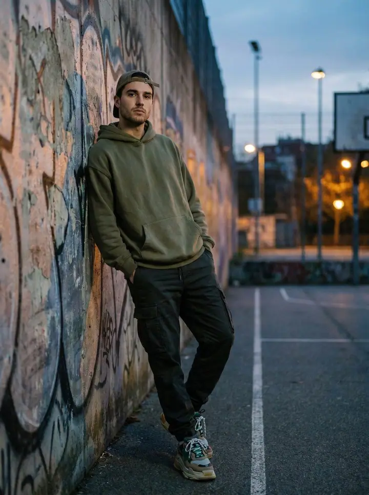 Street Refined, menswear: an olive hoodie, black cargos and chunky sneakers by a painted wall at dusk.