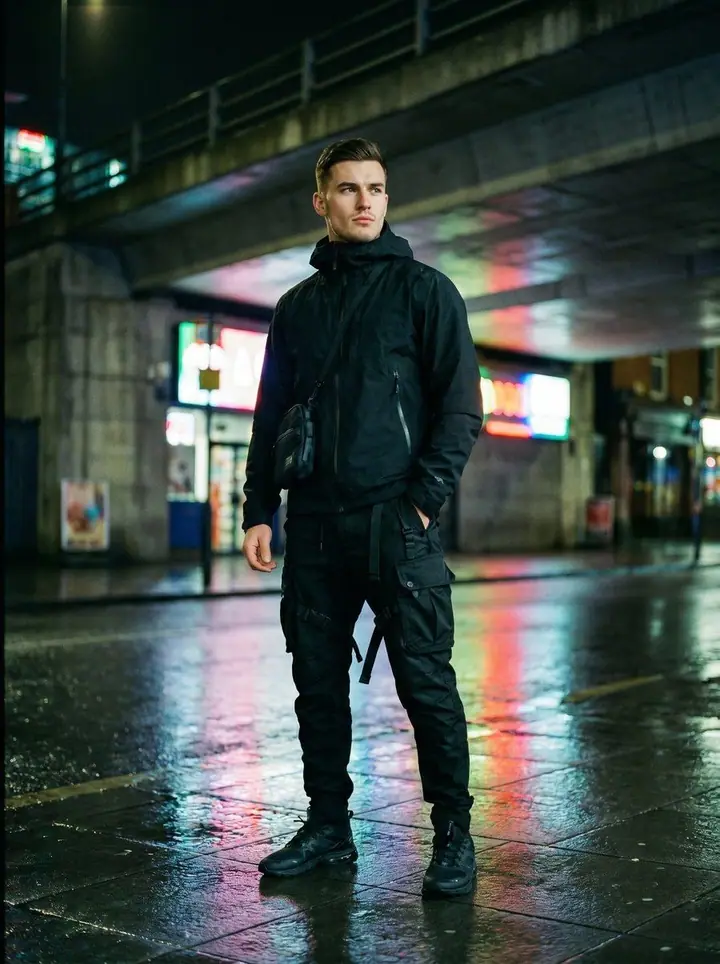 Techwear, menswear: a black shell jacket, crossbody bag and utility trousers on a wet street at night.