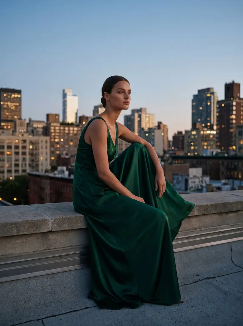 A woman sits on a rooftop ledge at dusk in a floor-length emerald satin gown, city lights behind her.